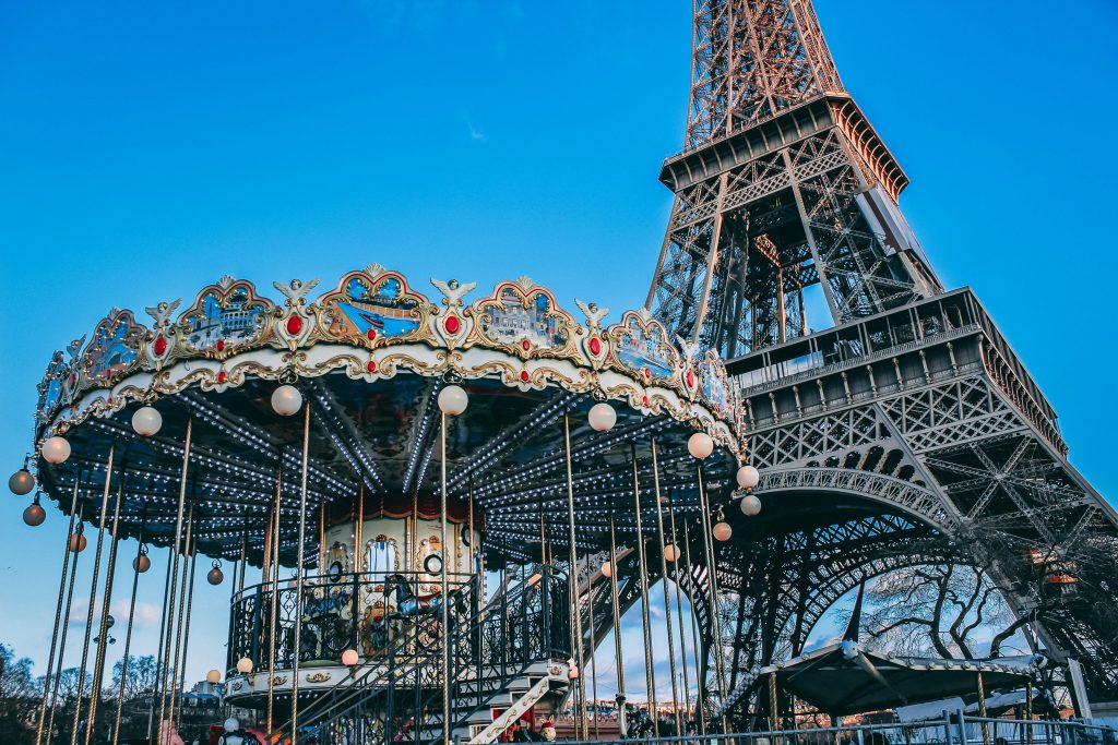 Fairground rides at the foot of the Eiffel Tower